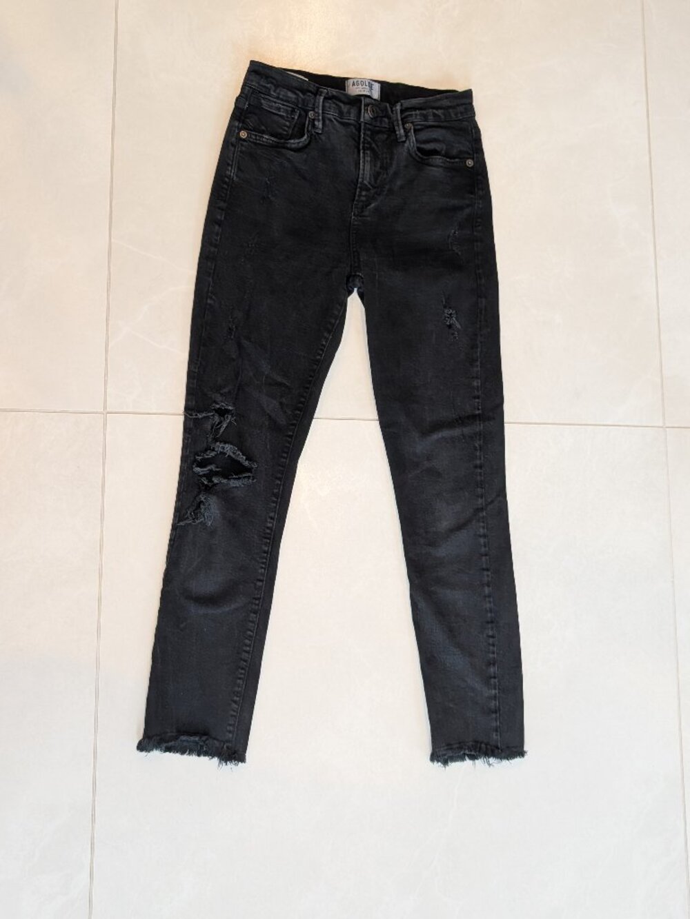 AGOLDE Sophie High Rise Skinny Crop Jeans in Distressed Black Women's Size 25
